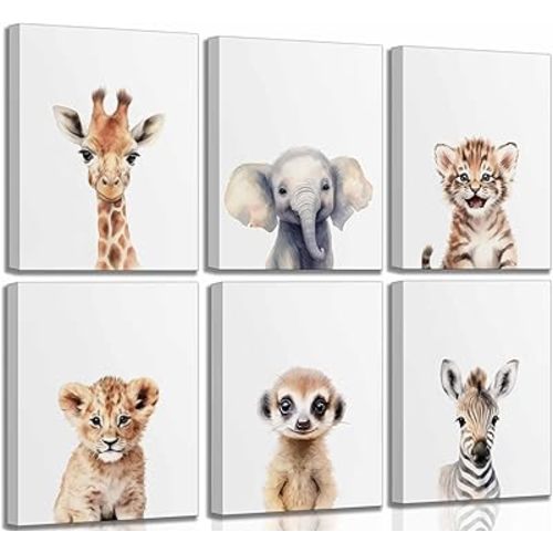 6Pcs Safari Animal Nursery Canvas Wall art Cute Elephant Giraffe Leopard Zebra Deer Kids Room Painting Pictures Wall Decor Neutral Poster Prints for Baby Boys and Girls Childrens Room