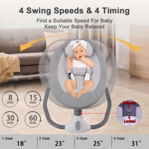 Hurber Electric Baby Swing, Infant Bouncer Chair, Bluetooth Music, 12 Lullabies, 4 Speeds, Gray (without net)