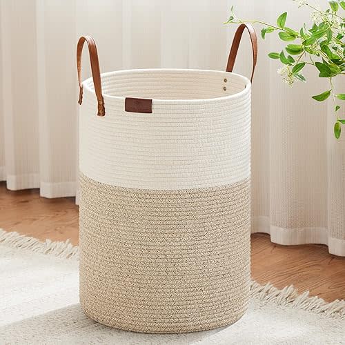 VIPOSCO Tall Laundry Basket, Large Dirty Clothes Hamper with Leather Handle, Woven Rope Storage Basket for Blanket, Toy In Living Room, Bathroom, Bedroom - 72L White & Brown