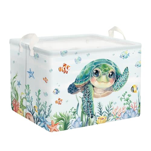 Clastyle Large Fish Sea Turtle Baby Basket Ocean Coral Seaweed Starfish Toy Book Shelf Basket Waterproof Pool Toy Beach Towel Storage Bin Collapsible Dirty Clothes Hamper, Blue, 40*30*30 cm