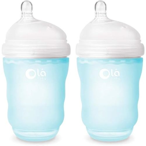 Olababy Gentle Silicone Baby Bottle, Anti-Colic, BPA Free, Easy to Clean and Wide Neck Baby Bottles Best for Breast Feeding Babies 2 Piece Set (8 oz, Sky)