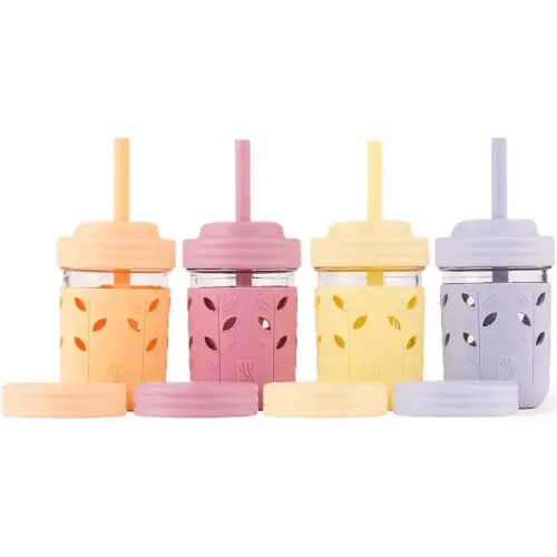 Elk and Friends Kids & Toddler Cups | The Original Glass Mason jars 8 oz with Silicone Sleeves & Silicone Straws with Stoppers | Smoothie Cups | Spill Proof Sippy Cups for Toddlers