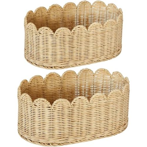 Scalloped Edge Basket, Wicker Storage Baskets, Hand Woven Baskets for Shelves,Natural Baskets for Organizing (Rattan(Ellipse-16"L x 10"W x 7"H))