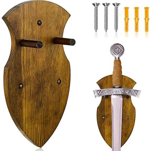 Queekay Sword Plaque Wall Mount Display Wooden Sword Holder Vertical Stand Katana Gift for Katana Bow Medieval Dagger Axe(Bright Brown)