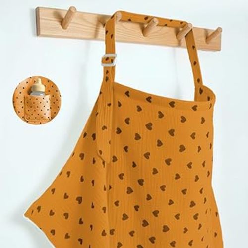 Muslin Nursing Covers for Breastfeeding, Arch Neckline Breast Feeding Covers for Women, Moms Privacy Breathable Summer Nursing Apron, 43.3" x 25.6" Soft Feeding Cover (Orange Green Heart)