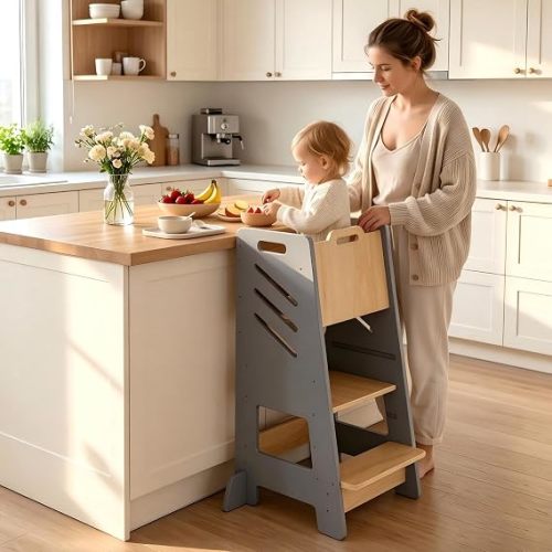 Toddler Tower with Sliding Panel, 3-Level Adjustable Kitchen Stool,Sturdy