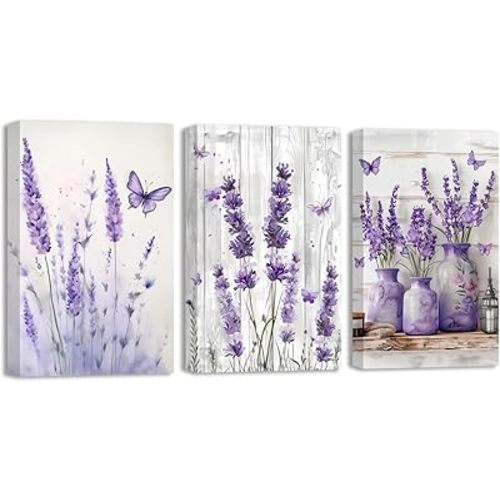 SWQYLB Lavender Wall Art 3 Pieces Purple Floral with Butterfly Canvas Prints Country Flower Art Picture Rustic Farmhouse Kitchen Bathroom Decor Framed (Purple, 12.00" x 16.00" x 3PCS)