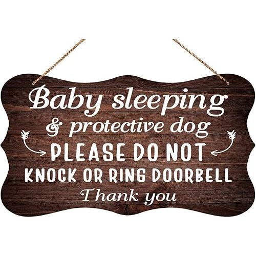Wooden Decor Baby Sleeping Protective Dogs Do Not Knock Or Ring Doorbell Wood Wall Art Sign Yard Garden Porch Decor Sign Farmhouse Front Door Wooden Hanging Sign 12X8 Inch