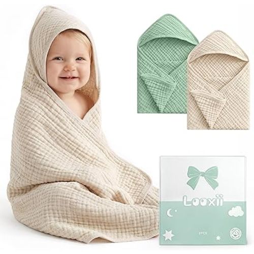 Looxii Baby Bath Towels 2 Pack Muslin Hooded Baby Towels for Newborn and Infants, 100% Cotton, Large 32x32Inch, Soft and Absorbent Beige+Green