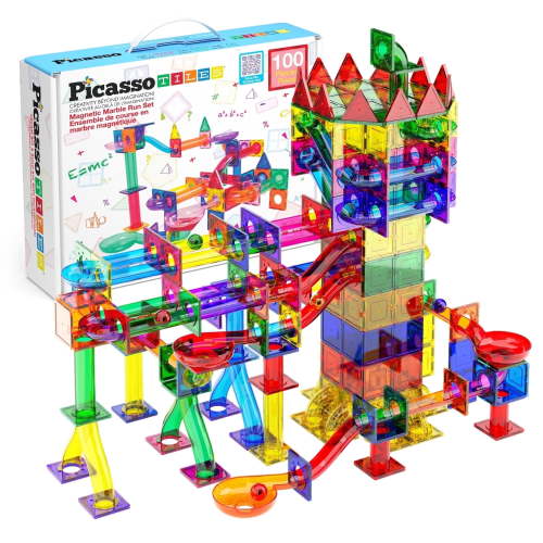 PicassoTiles Marble Run Magnetic Tiles for Kids – 100PCS STEM Educational Construction Building Blocks Race Track Creative Learning Toy Set
