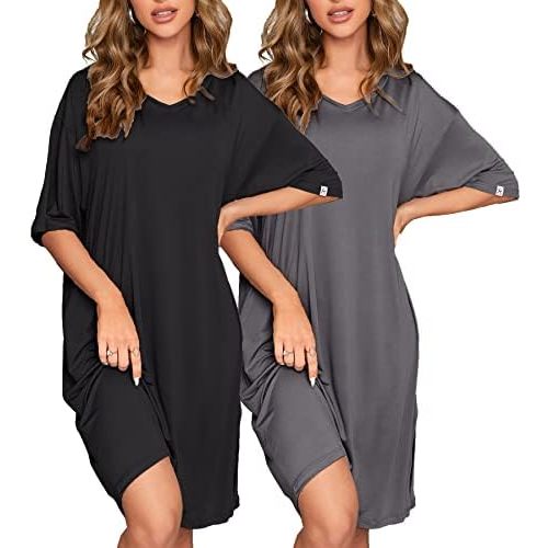 ft FENTENG 2-Pack Women's Nightgowns Short Sleeve Nightshirt V Neck Soft Sleepwear Casual Sleepshirts Loose Pajama Dress