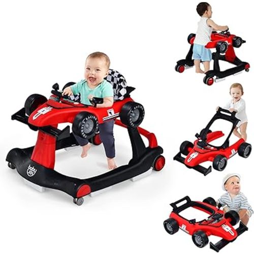 BABY JOY 4-in-1 Baby Walker, Foldable Activity Walker with Adjustable Height & Speed, Music, Lights, Anti-Rollover, Toddler Push Walker, Baby Walker with Wheels for Boys Girls 6-18 Months (Red)