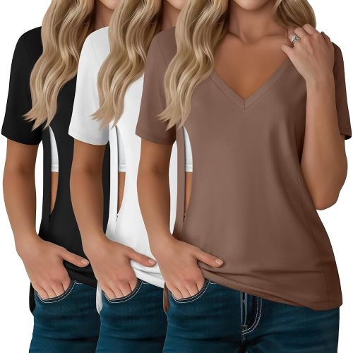 3 Pack Women's Nursing Tops, Hidden Zipper Nursing Shirts for Breastfeeding & Pumping V Neck Short Sleeve