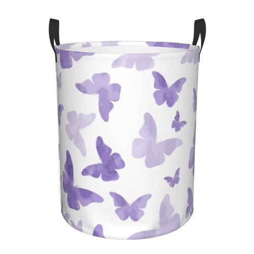 XMXY Round Laundry Basket Organizer, Purple Butterfly Waterproof Collapsible Dirty Clothes Basket Laundry Hamper, Medium Size