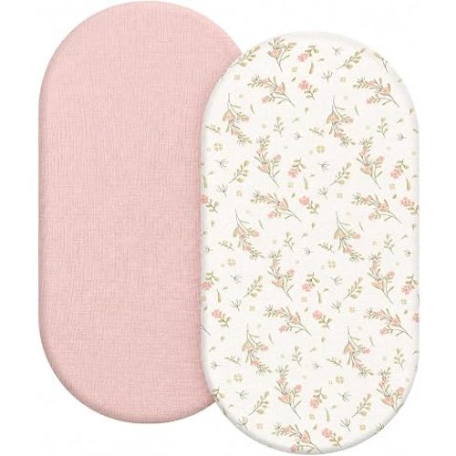 Organic Baby Bassinet Sheets 2 Pack 33”x17” 100% Muslin Cotton for Baby Girl Boy, Soft Fitted Mattress Pad Cover Compatible with Halo BassiNest Swivel Sleeper, Graco, Baby Delight, Chicco, Angelbliss
