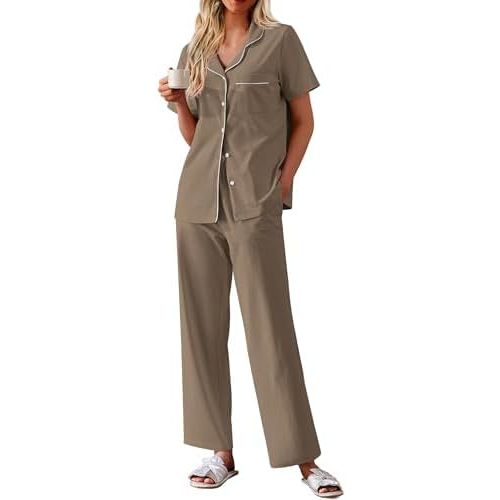 Ekouaer Women's Cotton Pajamas Set Short Sleeve Button Down Pjs 2 Piece Soft Sleepwear with Long Pants Lounge Set