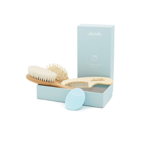 4 Piece Wooden Baby Hair Brush and Comb Set for Newborns & Toddlers in Chic Gift Box - Ultra Soft Natural Goat Hair and Wood Baby Brush Set Prevents Cradle Cap - Perfect Registry Gift (Blue)