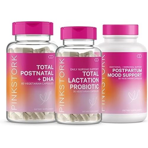 Pink Stork New Mom Necessities Bundle: Postnatal Vitamin with DHA and Folic Acid, Lactation Probiotic for Breast Milk Supply + Immune Support, Postpartum Mood + Hormone Support, Postpartum Essentials
