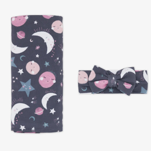 Pink To the Moon & Back Swaddle & Luxe Bow Headband Set - Little Sleepies