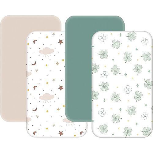 4 Pack Mini Crib Sheets Fitted - 38"x26" Pack and Play Sheets for Playard Mattress, Portable Mini Crib | Soft & Skin Friendly Pack N Play Sheets for Boys Girls (Clover & Moon Star)
