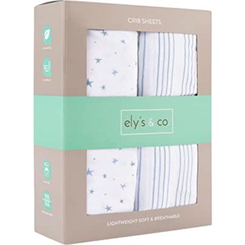 Crib Sheets Set 2 Pack - Baby Crib Sheets with 100% Jersey Cotton - Crib Sheets for Boys and Girls, Newborn Essentials (Blue Stars & Stripes)