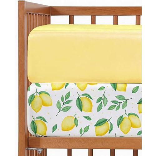 2-Pack Mini Crib Sheets Fitted - Pack N Play Sheets for Pack and Play Mattress - Stretchy Soft Microfiber Playard Bedding - Mini Toddler Bed Cover Boys & Girls - Easy-Fit, Oeko-Tex, 38 x 24in, Lemons
