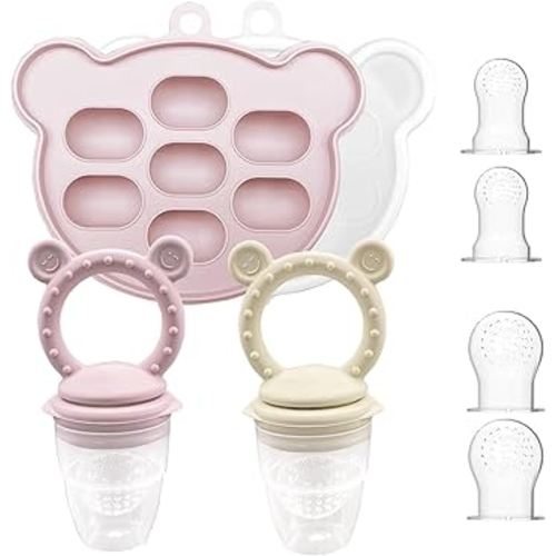 2 Pack Baby Fruit Food Feeder & Mini Freezer Tray Combo, Breastmilk Popsicle Molds for Baby Cooling Relief, BPA Free Silicone Feeder for Safe Infant Self Feeding, 4 Month+(Green&Beige)