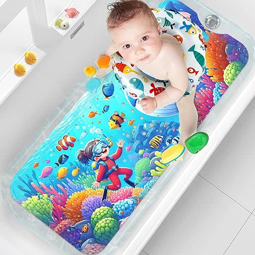 XIYUNTE Baby Bath Mat for Kids, 40x16 in Extra Long Baby Bath Mat Non Slip, Upgrade Cartoon Non Slip Bathtub Mat for Kids Shower Mat with Suction Cups & Drain Holes, Machine Washable, Shark