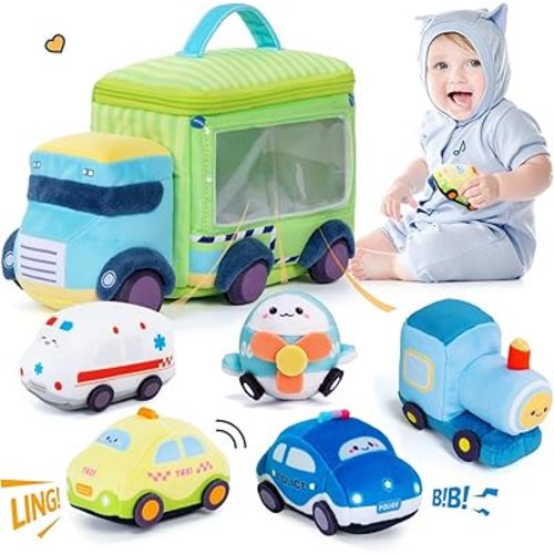 OUOZZZ Baby Boy Toys 6-12 Months - Soft Cars for Toddlers 1-3 - Little Blue Truck Plush Toys for Babies- First Birthday Gifts for Infant - Stuffed Car with Squeaker, Bell Ringing Sensory Toys Playset