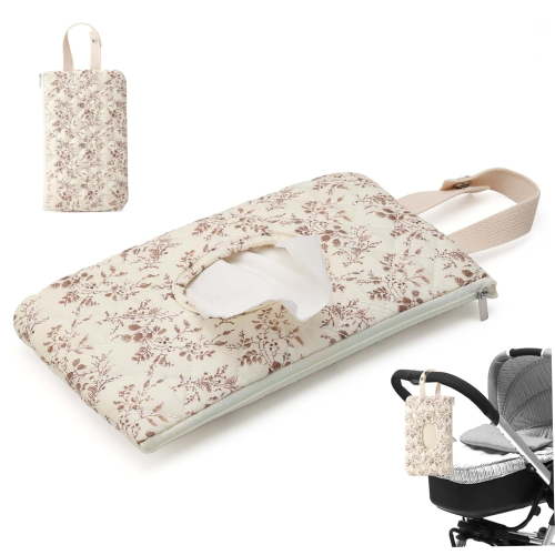 Portable Mommy Bag for Stroller, Refillable Floral Baby Wipe Holder Quilted Wipe Pouch with Lanyard for Casual Travel