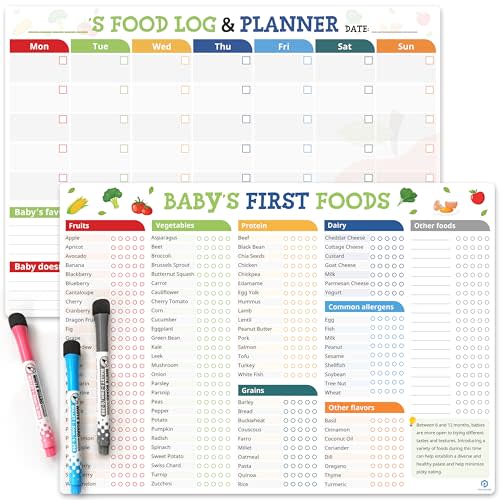 POCAZONE Set of 2 Baby First Foods Tracker Fridge Magnet, Nutrition Poster, Daily Food Log Meal Planner Checklist, 101 Foods Before 1 Checklist Magnet, Dry Erase Whiteboard for Refrigerator