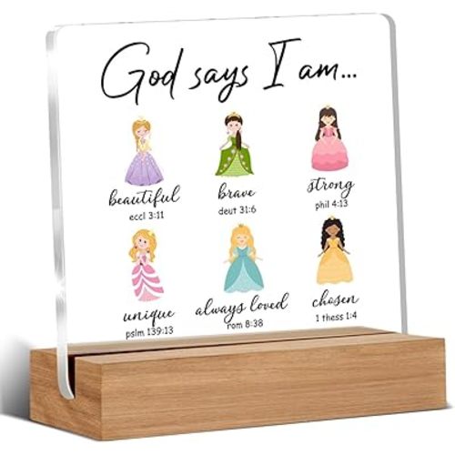 Princess Gifts for Girls, Princess Acrylic Plaque Room Decor for Girl Bedroom, Inspirational Gifts for Teen Girls, God Says Quotes Desk Signs Decor 4 × 4 Inches