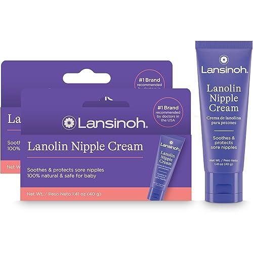 Lansinoh Lanolin Nipple Cream for Breastfeeding Moms, 2 Pack of 100% Natural Nipple Butter, Safe for Baby, Soothes Sore Nipples, 1.41 oz Each