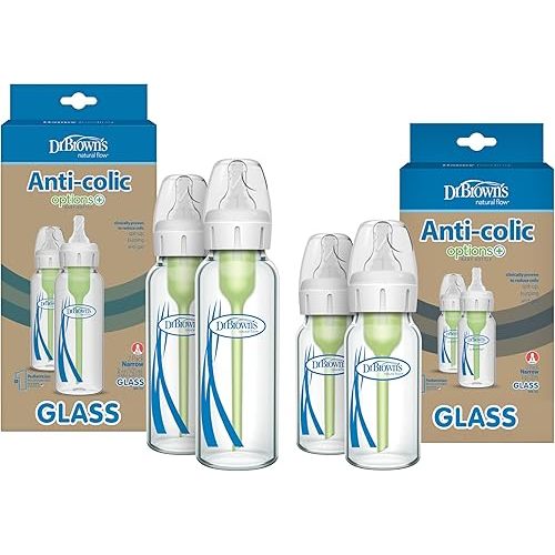 Dr. Brown's Natural Flow Anti-Colic Options+ Narrow Glass Baby Bottles, Made in The USA, BPA Free, 8oz and 4oz, 0m+, 4-Pack