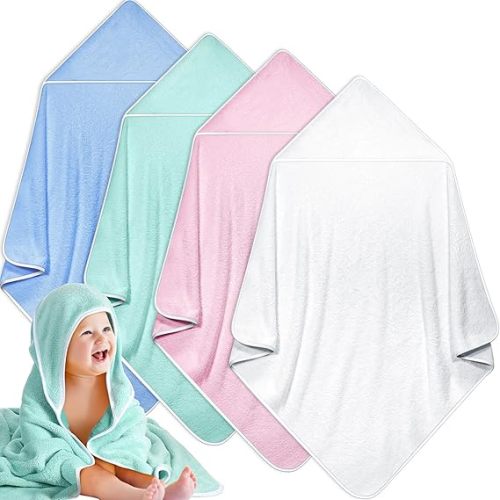 Reginary 4 Pack Baby Hooded Towels Coral Fleece Baby Bath Towels 30 x 30 Inch Soft Absorbent Hooded Bath Blanket for Newborn Toddler Infant Boy Girl Shower Gift Supplies (White, Pink, Green, Blue) - Classic