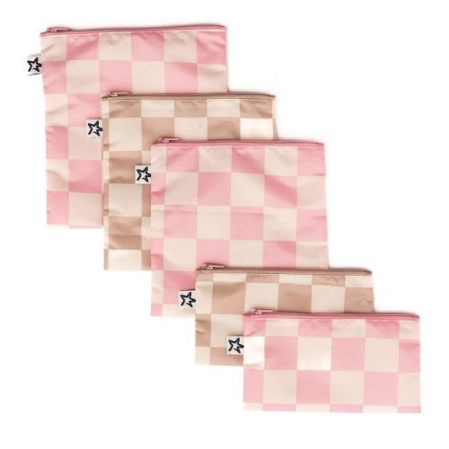 Tiny Twinkle Reusable Snack Bags, Machine Washable, BPA-Free for Baby and Toddler Food (5-Pack, Checkers Pink Brown)
