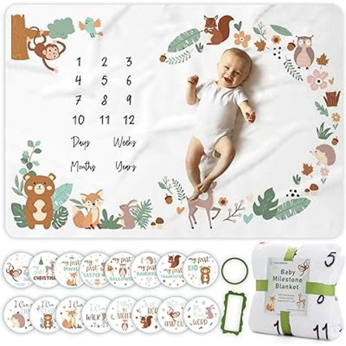 Monthly Milestone Blanket for Baby Boy or Girl, Premium Soft Fleece Blanket, First 12 Months Growth Chart, Large Size 60" x 40", 16 Milestone Stickers