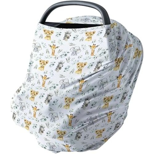 HawSkgFub Safari Animal Eucalyptus Leaf 5-in-1 Car Seat Cover Baby Boy Girl Gift, Jungle Zebra Lion Giraffe Elephant Privacy Breastfeeding Nursing Cover Newborn Infant Multi-use Carseat Canopy Carrier