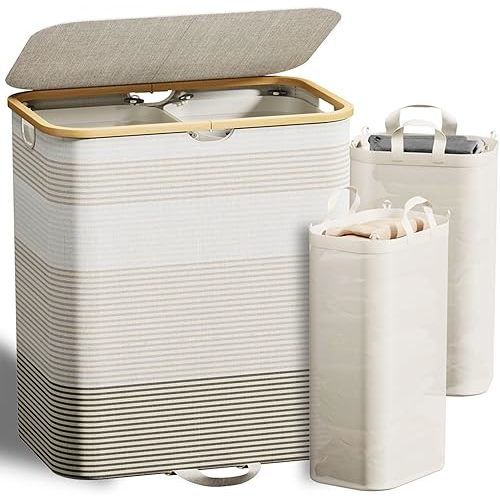 Double Laundry Hamper with Lid and Removable Bags, 150L Large Collapsible 2 Dividers Dirty Clothes Basket with Handles, Beige Double Laundry Basket Organizer for Bedroom,Laundry Room,College