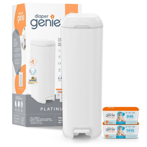 Diaper Genie Platinum Pail Gift Set, Lily White, Made of Durable Stainless Steel and Includes 2 Easy Roll Refills with 18 Bags and 30 Bags