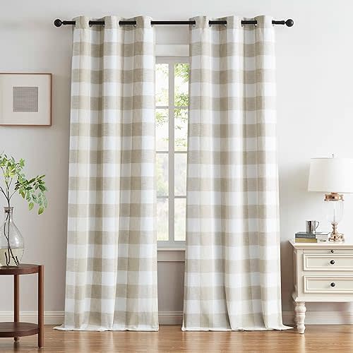 Buffalo Plaid Full Blackout Window Curtains 84 Inches Long Checkered Grommet Panels Farmhouse Geo Energy Efficient Drapes Noise Reducing Thermal Window Treatment Set for Bedroom Tan White,40"x84"x2