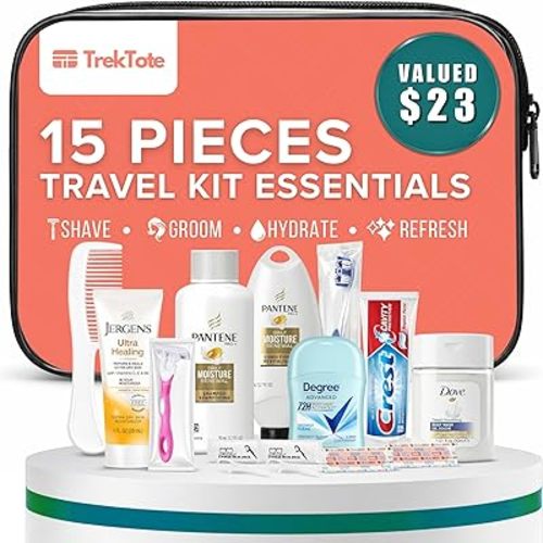 TrekTote 15 Piece Set Women’s Travel & Hygiene Kit with Clear Toiletry Bag, Personal Care Essentials, Single Kit or Bulk Case Packs