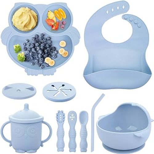 Baby Weaning Set, Silicone Baby Feeding Set(10 Pcs), Toddler Weaning Set with Adjustable Bib, Suction Bowl, Plate, Fork, Spoon, Water & Snack Cup Kit, Baby Led Weaning Kit for Babies and Kids