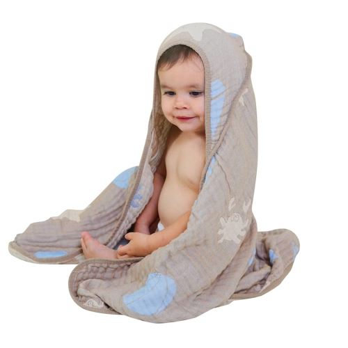 Ultra-Soft Muslin Baby Hooded Towel - 32 x 32 Inches, Ideal for Bath & Beach, Suitable for Both Boys & Girls from Newborns to Toddlers（Ocean Coffee