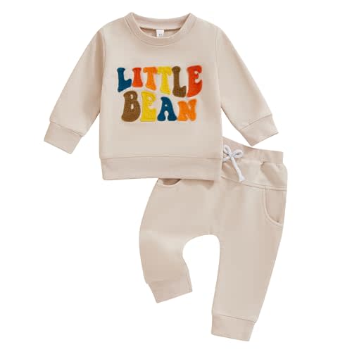VISGOGO Baby Boy Girl Clothes Little Bean/Tractor Outfits Letter Embroidery Long Sleeve Sweatshirt Tops Pants