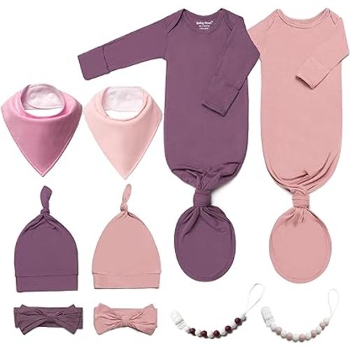 2PK Newborn Knotted Gown Set - Baby Noah Buttery Soft Newborn Knotted Tie Gowns 0-3 months for Baby Girl & Boy with Hat & Bow