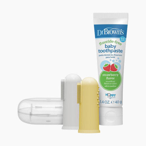 Dr. Brown's Silicone Finger Toothbrush with Case, 2-Pack - Gray/Yellow, Strawberry Toothpaste