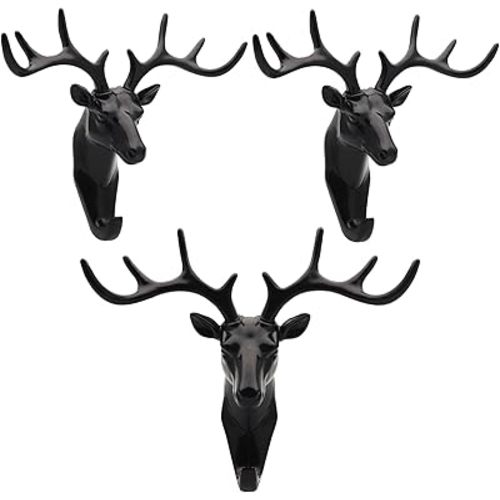 3Pcs Deer Wall Hooks Antlers Wall Hooks/Hanger, Black Animal Key Hat Holder Hanging for Home Wall Decoration