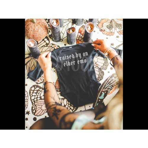 Raised By An Elder Emo Baby Onesie Outfit Unisex Black Alternative Baby Shower Gift Millennial Mother Mom 90's Culture 2010's Bodysuit Blegh