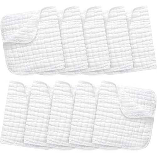 10 Pack Muslin Burp Cloths 100% Cotton Large 20''×10'' Thickened Baby Burp Cloths Super Soft and Highly Absorbent, Newborn Washcloth (White)